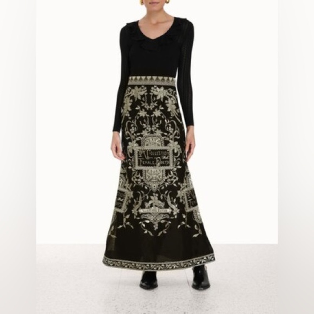 Women's Lyrical Embroidered Linen-Silk Maxi Skirt NWOT